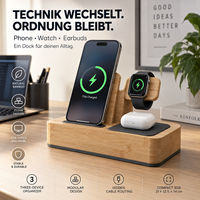 Organisateur de bureau moderne en bambou modulaire 3-en-1, compatible avec la recharge de téléphone, montre et écouteurs, écologique, avec chargeur remplaçable
