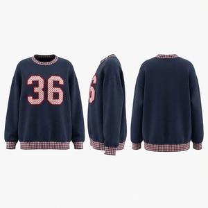 Sweat-shirt décontracté pour femme, coupe ample, couleur bordeaux, avec appliqué numéro 24, poignets à carreaux, col rond, manches longues, vêtements décontractés d'automne - Product Image 4