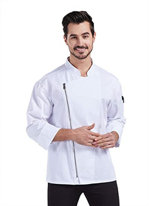 Veste de chef unisexe blanche à manches longues de haute qualité et durable avec fermeture éclair pour uniformes de restaurant et de bar - Product Image 2