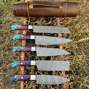Juego de 5 Cuchillos de Chef de Acero de Damasco, Hechos a Mano, Grado Industrial, Hojas con Borde Biselado, Mango de Cuero, Garantía de 3 Años - Product Image 3