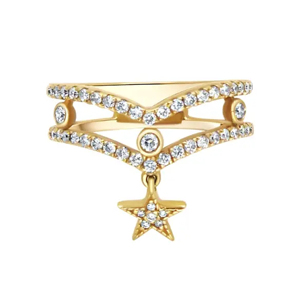 Yellow Gold Plated Cocktail <b>Ring</b> With <b>Crystal</b> Star Pendant Trendy Women's Jewelry - Product Image 1