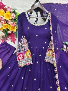 Purple Embroidered Anarkali <b>Suit</b> <b>Women</b> Floor-Length Traditional Indian Pakistani <b>Wedding</b> Dress with Dupatta Loose Fit - Product Image 4