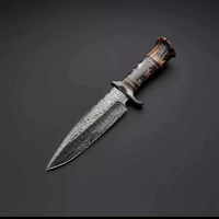 Cuchillo Bowie de Hoja Fija de Acero de Damasco de Grado Industrial Pasha Enterprises con Mango de Asta de Ciervo, Multifuncional para Camping al Aire Libre, ODM OEM