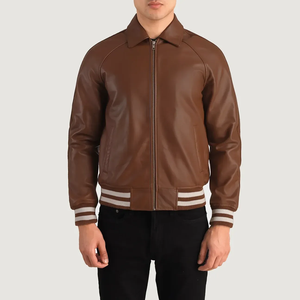 <b>Men's</b> Black and Brown <b>Leather</b> Bomber <b>Jacket</b> Turn-down Collar Zipper Closure Regular Fit Autumn Wear - Product Image 5