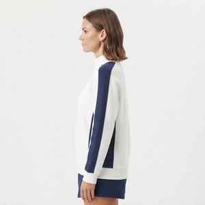 <b>Women's</b> <b>White</b> Color Block Mock Neck <b>Sweatshirt</b> Navy Stripe Letter Print Casual Cotton Blend Pullover Regular Fit - Product Image 4