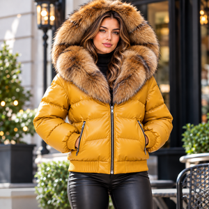 Chaqueta de cuero acolchada para mujer con capucha de piel, abrigo bomber de lujo para invierno, ropa exterior cálida y acolchada - Product Image 1