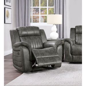 Poltrona Reclinabile Classica Grigio-Marrone 1 Pezzo con Braccioli Imbottiti, Trapuntatura Verticale, Legno Massello, Stile Transizionale per Soggiorno - Product Image 5