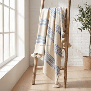 Blue Grey Striped Cotton <b>Throw</b> Blanket 125x150 cm with Decorative Fringe for Coastal Farmhouse Sofa and <b>Chair</b> Décor - Product Image 1