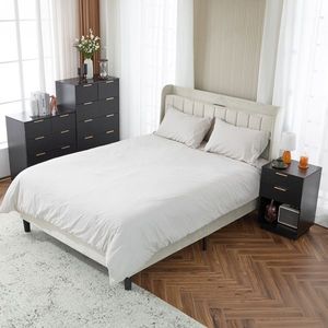 FCH Mesita de noche con cuatro cajones, diseño ondulado, color negro, tablero de densidad de partículas P2, mesita de noche de tres niveles, diseño ondulado - Product Image 6