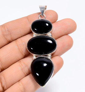 Pendentif en onyx à trois pierres, plaqué argent, serti de pierres tibétaines, forme goutte d'eau, bijoux classiques unisexes, cadeau - Product Image 1