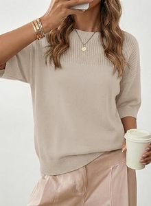 Suéter de Punto Holgado Beige para Mujer, Cuello Redondo, Manga 3/4, Estilo Casual - Product Image 3
