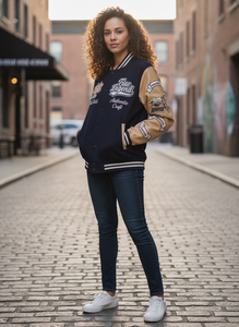 ELIOT BRGS. Men's Navy Varsity <b>Jacket</b> With Tan Sleeves Embroidered Patch Design Vintage Style Autumn Wear - Product Image 6