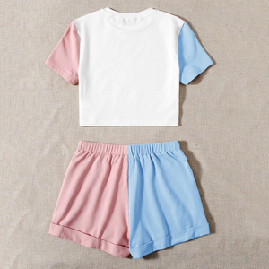 Ensemble 2 pièces color block pour femme : short et crop top à manches courtes, au-dessus du genou, tenue décontractée printemps-été 100 % coton tricoté - Product Image 2