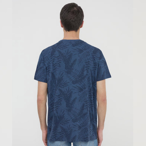 เสื้อยืดคอกลมแขนสั้นพิมพ์ลายทรอปิคอลสีน้ำเงินสำหรับผู้ชาย ทรงปกติ ผ้าฝ้ายเจอร์ซีย์ สวมใส่สบายๆ - Product Image 4