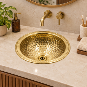 Lavabo rond en laiton martelé fait main de luxe, doré, à poser sur comptoir, pour salle de bain, hôtel, villa, décoration de meuble-lavabo - Product Image 3
