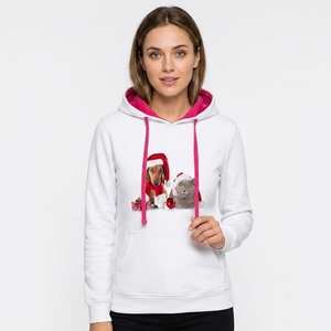 Felpa Invernale da Donna Bianca Vintage con Cappuccio, Stampa Natalizia Cani e <span class=keywords><strong>Gatti</strong></span>, Cordoncini Rosa, 100% Cotone Lavorato a Maglia, Anti-restringimento - Product Image 2