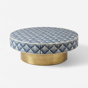 Mesa de centro redonda con incrustaciones de hueso azul a rayas, mesa de pedestal moderna de lujo con patrón geométrico, muebles de sala de estar para el hogar - Product Image 5