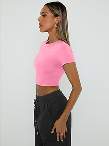 T-shirt court rose ample pour femme, manches courtes, col rond, détails boutonnés, tricoté décontracté 100 % coton, épaules tombantes, été - Product Image 5