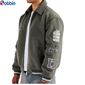Veste universitaire pour homme en laine avec motifs brodés, col rabattable, fermeture éclair, style décontracté pour l'automne - Product Image 1