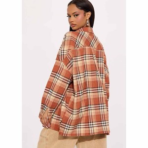 Plaid <b>Flannel</b> Long Sleeve <b>Shirt</b> <b>Women</b> Casual Autumn Oversized Checkered Button-Up Top Turn-Down Collar 100% Cotton Woven - Product Image 3
