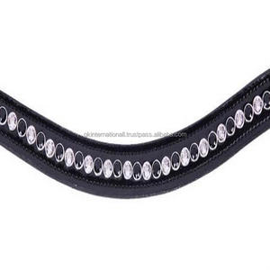 Bande de front de cheval en cuir de grain supérieur en forme de vague en cuir de qualité supérieure de finition noire avec des pierres décoratives bleues et dorées - Product Image 6