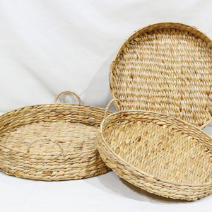 Ensemble de plateaux de rangement ronds en paille tressée, style bohème, organisateurs de table décoratifs réutilisables en fibres végétales - Product Image 6