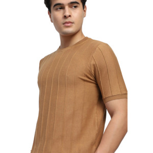 Men's O-Neck Short Sleeve Knitted T-Shirt Regular Fit Heavyweight Solid Color Casual Wear <b>Brown</b> T-Shirt - Product Image 5