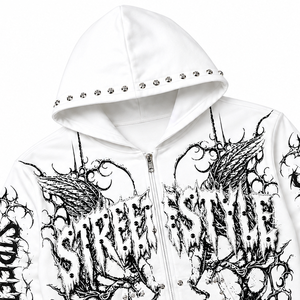 Custom White Studded Hoodie <b>Gothic</b> Angel Wing Thorn Print Blackletter Star Zip Up Oversized Streetwear <b>Jacket</b> Wholesale Supplier - Product Image 5