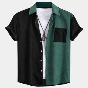 Camisa de hombre personalizada de manga corta con bloques de color, botones, bolsillo frontal, cuello, elastano/poliéster, abotonadura sencilla, informal de verano - Product Image 2