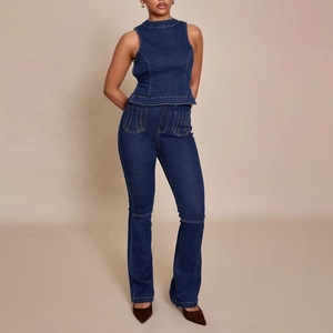Débardeur court en jean sans manches pour femme, couleur unie, col montant, ajusté, style décontracté printemps, délavé, dos nu - Product Image 3