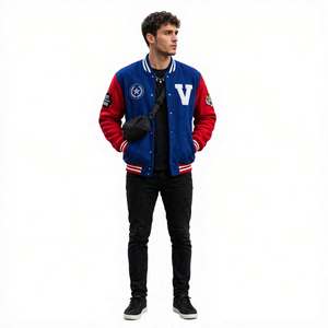 Chaqueta Varsity de Gamuza Azul y Roja para Hombre Whiteaura International, Diseño con Parche de Letra V Bordada, Cuello Camisero, Corte Regular - Product Image 2