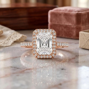 Anillo de aniversario con moissanita de corte radiante de 3.0 CT, estilo vintage en oro con piedras laterales redondas, anillo de compromiso y boda con halo para ella - Product Image 1