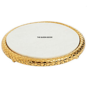 Plateau de service rond en marbre avec bordure plaquée or, design élégant, parfait pour les boissons, prix abordable, qualité exclusive. - Product Image 1