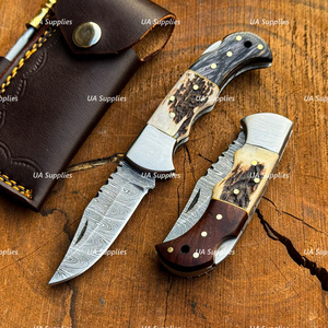 Wholesale Best Price Industrial Grade Damascus Steel Clip Point Hunting Camping Folding Pocket Knife OEM EDC with Leather Pouch - Product Image 2