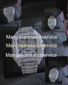 Montre carrée en verre entièrement sertie de diamants en argent avec moissanite taillée, pour homme, étanche 10 bars, fermoir bracelet, sur mesure, luxe noir - Product Image 2