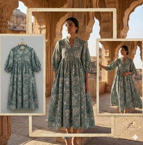 Ethnic Boho Grey Floral Hand Print Cotton Midi <b>Dress</b> With V-Neck 3/4 Puff Sleeve <b>Loose</b> Fit Casual <b>Dress</b> For Women - Product Image 6