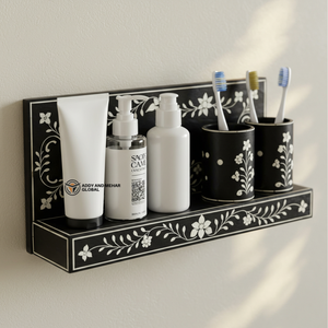 ชั้นวางติดผนังห้องน้ำลายกระดูกสีดำและสีขาว – ที่เก็บของลายดอกไม้ทำมือสำหรับตกแต่งโต๊ะเครื่องแป้งและห้องน้ำ - Product Image 1