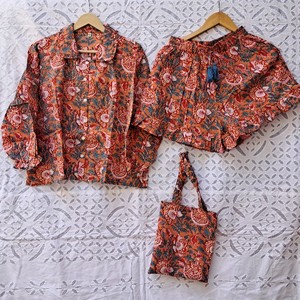 Women's Floral Cotton Frill Pajama Set With Drawstring Shorts Button Shirt And Matching Tote Beachwear Outfit - Product Image 1