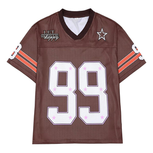 เสื้อฟุตบอลผู้หญิงคอวีแขนสั้นหมายเลข 99 สีน้ำตาล สปอร์ต ระบายอากาศได้ดี ทรงหลวม ตกแต่งลายดาว - Product Image 1