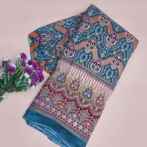 Peacock <b>Teal</b> Floral Lightweight Crepe Embroidery Fabric 54 Inch Designer Daman Border Yardage Kurti Anarkali Gown Salwar <b>Suit</b> - Product Image 1