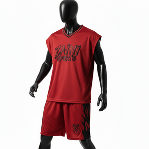 Conjunto de pantalones cortos y camiseta de baloncesto para hombre, tela de malla de poliéster transpirable, panel lateral rojo y negro, logotipo con transferencia térmica, conjunto corto para hombre - Product Image 4