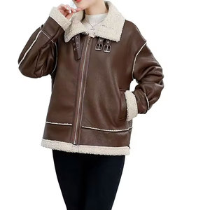 Veste de moto pour femme avec fermeture éclair, doublure en fausse fourrure, col montant, coupe-vent, légère, manteau d'hiver - Cuir véritable Moto - Product Image 4
