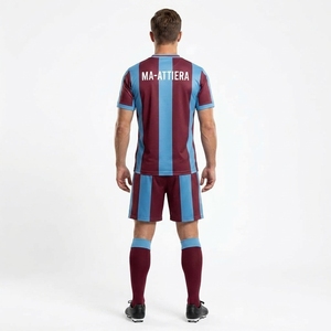 Custom Burgundy Sky Blue Vertical Stripe <b>Soccer</b> Uniform Set Short <b>Sleeve</b> Football Jersey Shorts <b>Socks</b> - Product Image 2