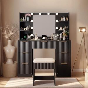 Black Particleboard Dressing Table Set 7 Drawers 4 Shelves 10 Three-Tone Light Bulbs Melamine Finish 4-Power Makeup Vanities - Product Image 1