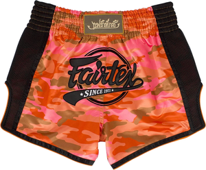 Shorts de boxe Muay Thai Fairtex coupe slim camouflage orange, imprimé camouflage rose orange, respirants - Product Image 1