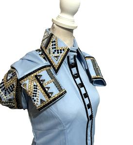 Camisa de espectáculo occidental de vaquera hecha a mano para montar a caballo, estampado blanco en tela de tafetán elástico, ropa ecuestre - Product Image 1