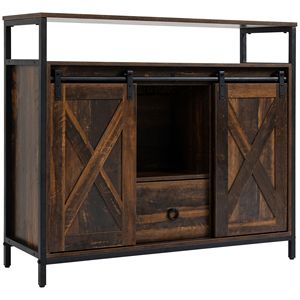 Buffet d'appoint industriel en chêne avec portes coulissantes de style grange, tiroirs réglables et supports à verres pour bar à café - Product Image 1