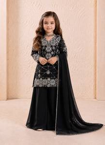 New Designer Kids Kurta Palazzo Dupatta Set Heavy Fox Georgette Embroidery 3 mm Sequence Work Full Sleeve Sharara Suit - Product Image 5