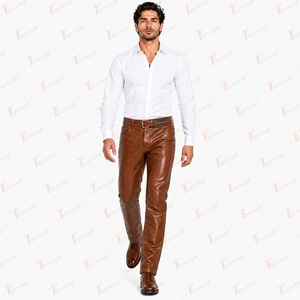Pantalon en cuir marron pour homme, coupe droite, taille mi-haute, fermeture boutonnée, style décontracté chic, avec ceinture incluse, idéal pour l'automne - Product Image 2