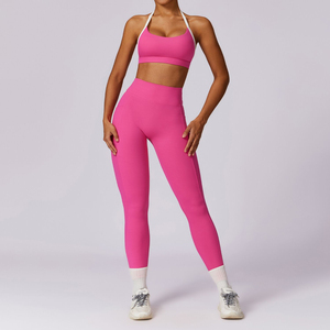Ensembles de yoga tendance pour femmes, 2 pièces, manches courtes, extensibles, en Spandex/Nylon, avec logo frontal, pour la gym et l'entraînement - Product Image 6